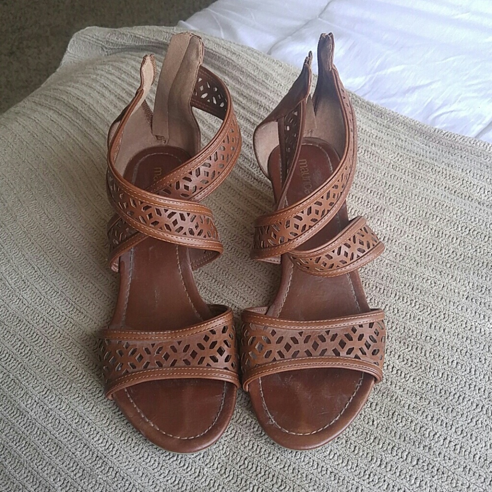 Brown faux leather cork wedges